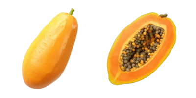 ai gegenereerd geheel en voor de helft van rijp papaja fruit met zaden Aan transparant achtergrond png