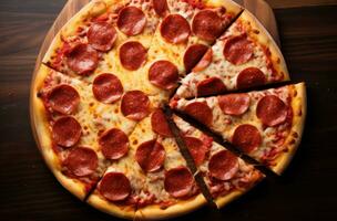 ai generado un Pizza cortar dentro piezas con pepperoni, misterioso combinaciones foto