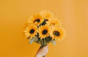 AI generated a bouquet of sunflowers are in a woman's hands photo