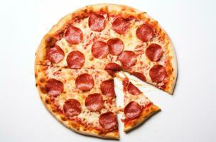 ai generado un Pizza con pepperoni en un blanco antecedentes. foto