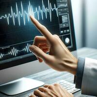 AI generated Doctor hand pointing at EEG waves on computer display. Generative AI. photo