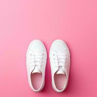 AI generated a pair of white sneakers on a pink background, photo