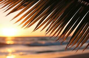 AI generated a palm leaf over the ocean at sunset palm leaf. photo