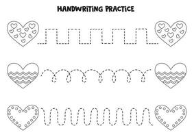 Tracing lines for kids. Cartoon black and white valentine day hearts. Writing practice. vector