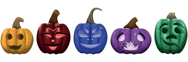 conjunto de cinco multicolor Jack-o'-lanterns con varios facial expresiones en un blanco antecedentes vector