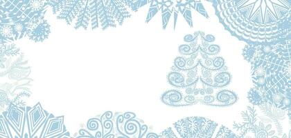 Postcard with a picture of a Christmas tree and various snowflakes on a white background vector