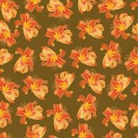 Seamless pattern with buds of orange lily flowers on a mustard color background vector