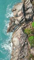 Stunning ocean water crashing against giant rocks on a coconut palm tree island. video