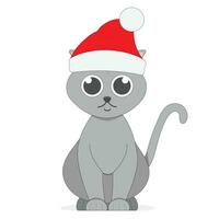 Grey cartoon cat in a Santa Claus hat. vector