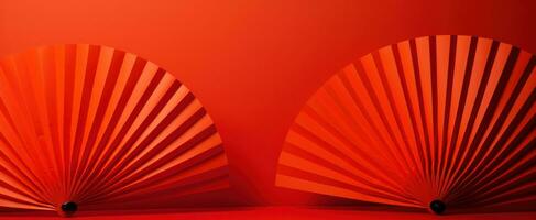 AI generated a pair of red paper fans on a red background, panoramic scale photo