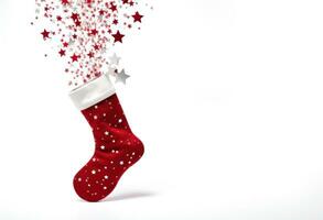 AI generated a red and white christmas stocking laying on top of a white background. photo