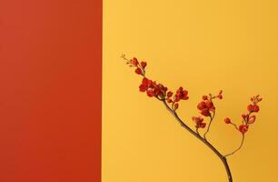 AI generated a red blooming stem on a yellow background. photo