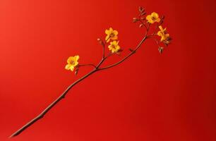 AI generated a red blooming stem on a yellow background. photo