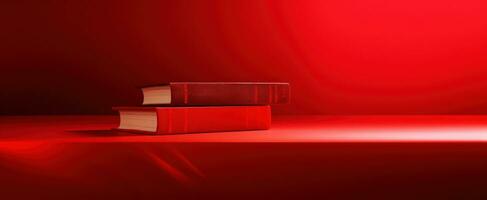 ai generado un rojo libro en frente de un rojo antecedentes con un par de doblada libros foto