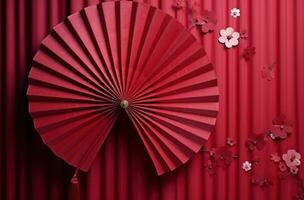 AI generated a red fan is hung from a pink wall photo