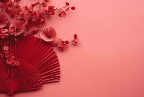 AI generated a red fan is hung from a pink wall photo