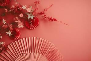 AI generated a red fan is hung from a pink wall photo