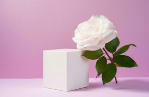 AI generated a white cube on a pink background with roses and peonies photo