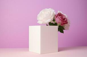 AI generated a white cube on a pink background with roses and peonies photo