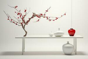 AI generated a white table with red lantern hanging over it, photo