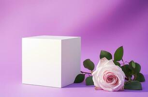 AI generated a white cube on a pink background with roses and peonies photo