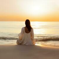 AI generated a woman sits on the beach watching the ocean, photo