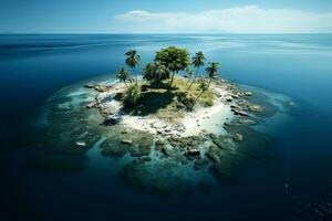 ai generado aéreo ver de un minúsculo isla con palma arboles en el medio de el Oceano foto