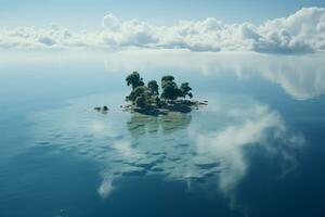 ai generado aéreo ver de un minúsculo isla con arboles en el medio de sin límites agua foto