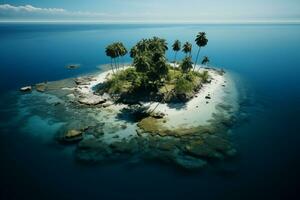 AI generated aerial view of a tiny island with palm trees in the open sea photo