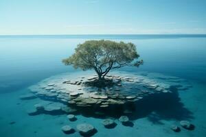 ai generado aéreo ver de un minúsculo isla con último árbol en el medio de sin límites mar foto