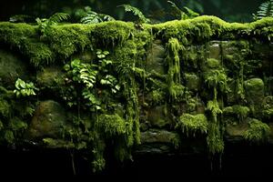 AI generated natural background, mossy stone wall texture with plants photo
