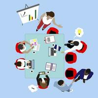 Team Work And Business Meeting. Presentation And Brainstorm Top View Vector. Office Teamwork, Collaboration Flat Illustration. Conference In Boardroom, Business Conference, Office Top View Vector