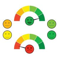 Color indicator arrow with face mood. Credit score good and bad, gauge spectrum indices. Vector illustration