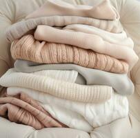 AI generated a pile of white, cream and gray knit sweaters. photo