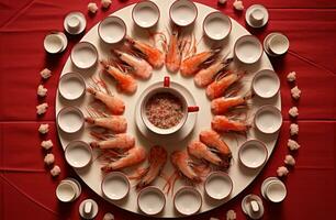 AI generated a plate filled with shrimp and tea on a red table cloth photo