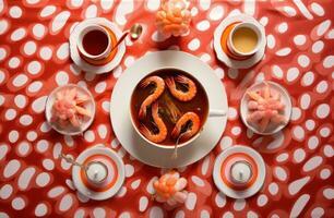 AI generated a plate filled with shrimp and tea on a red table cloth photo