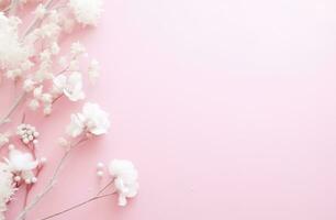 AI generated a pink background showing snowy white decorations, photo