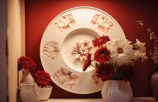 AI generated a plate of flowers made into a circle on a shelf, photo