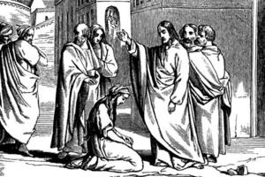 Jesus Tells a Crowd to Cast the First Stone vintage illustration. vector