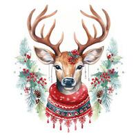 AI generated Generative AI, cute wild deer animal, Christmas hat and ugly sweaters, watercolor style. photo