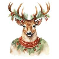 AI generated Generative AI, cute wild deer animal, Christmas hat and ugly sweaters, watercolor style. photo