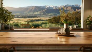 AI generated table with views to mountains of farm land in modern kitchen, photo