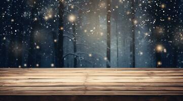 AI generated snowfall falling on a wooden table in a forest, photo