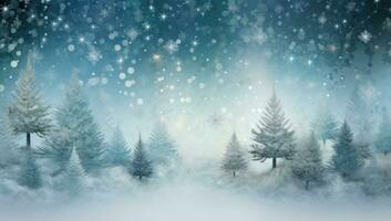 AI generated snowflakes and christmas trees fall to the ground, photo