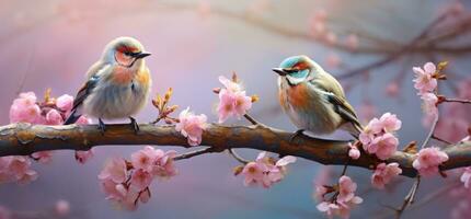 AI generated small birds sit on a branch with pink flowers, photo