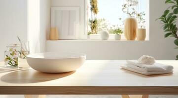 AI generated simple dining table in the white bathroom, photo