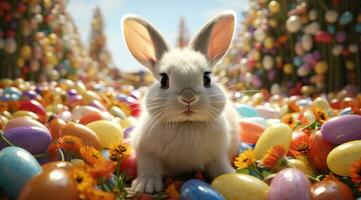 AI generated small rabbit stands on ground with lots of easter eggs, photo