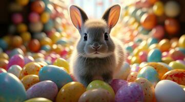 AI generated small rabbit stands on ground with lots of easter eggs, photo