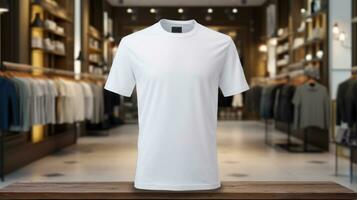 AI generated T-shirt with blank front, realistic on a mockup template in a luxury store, photo