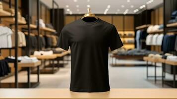 AI generated T-shirt with blank front, realistic on a mockup template in a luxury store, photo